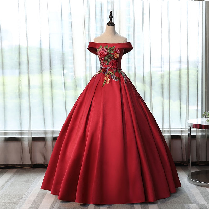 Red Satin Long Off Shoulder Party Dress, Ball Gown Long Sweet 16 Dress