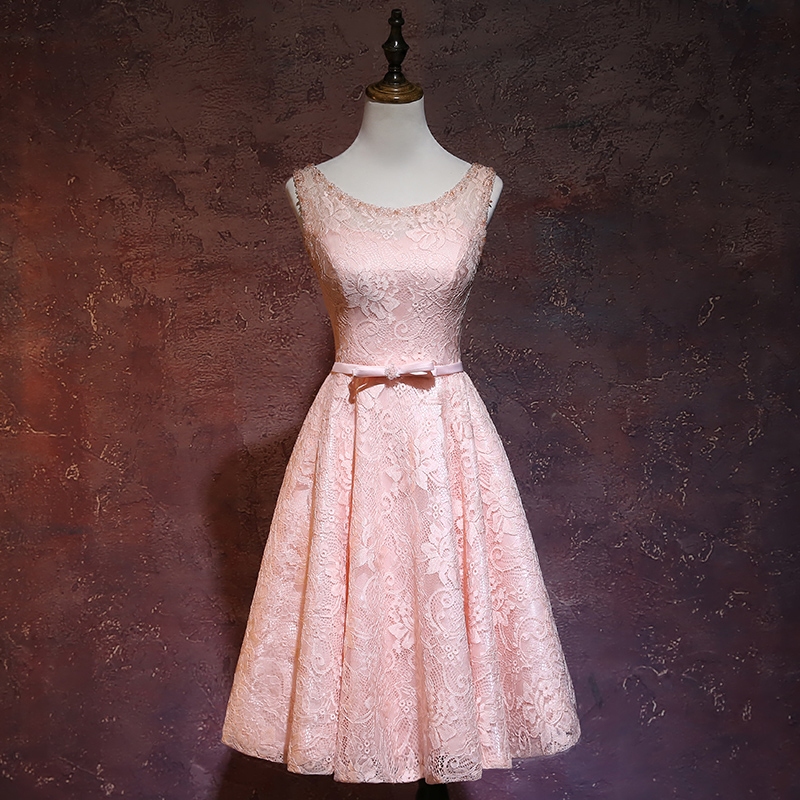 Pink Lace Short Round Neckline Bridesmiad Dress, Pink Party Dress