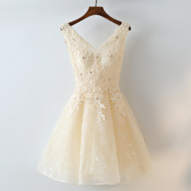 Adorable Champagne Short Lace V-neckline Homecoming Dress, Short Prom Dress