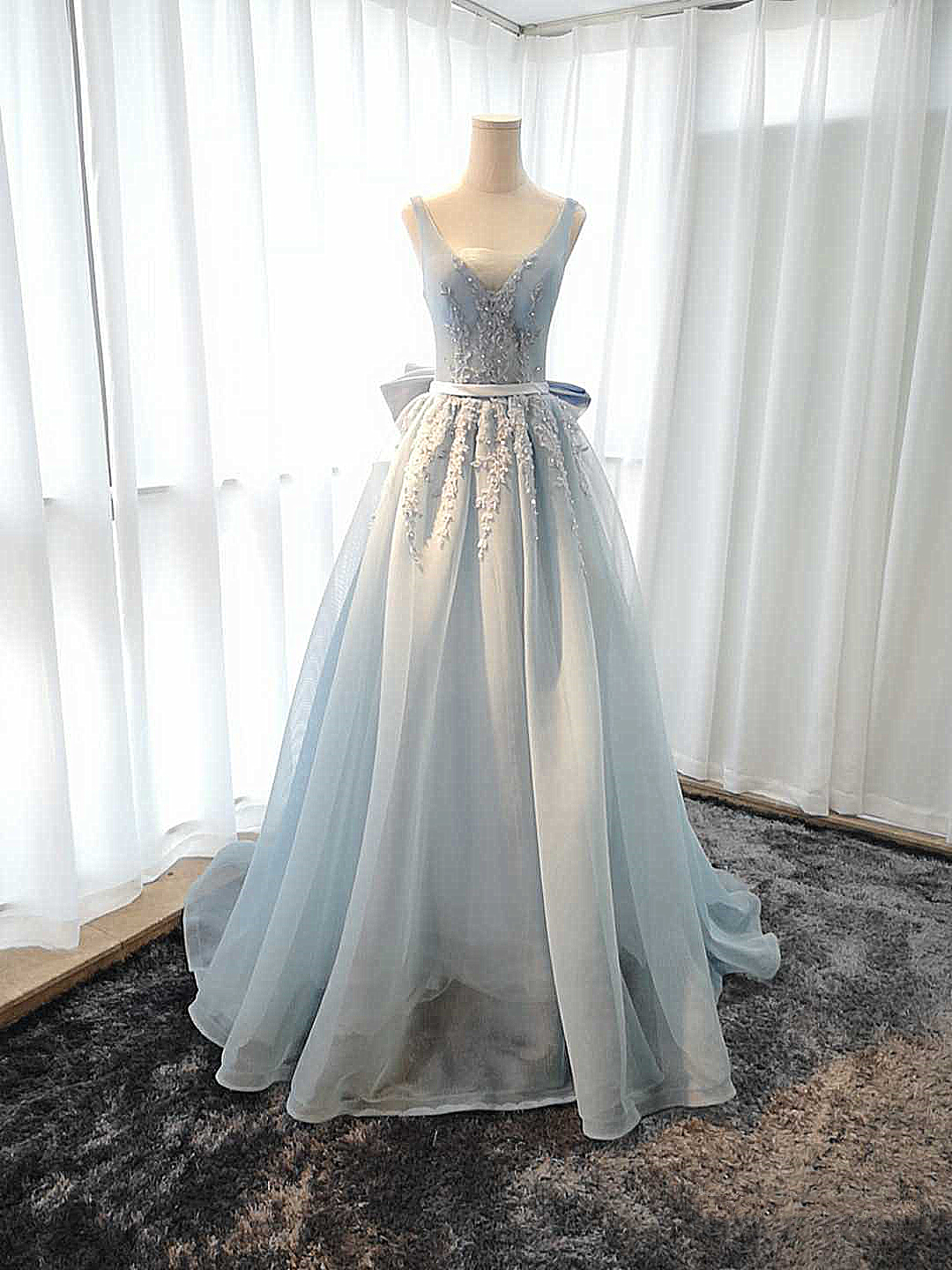 Beautiful Blue Tulle V-neckline Long Party Dress, Blue Prom Dress Evening Dress