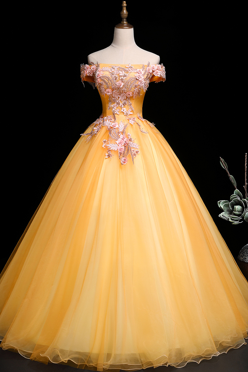 Beautiful Light Yellow Tulle Ball Gown Off Shoulder Sweet 16 Dress, Yellow Prom Dress