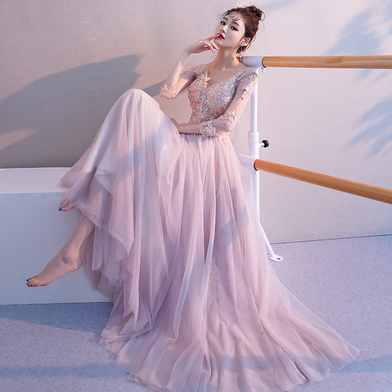 Pink Tulle Fashion Long Sleeves Formal Dress, Pink Tulle Bridesmaid Dress Evening Dress