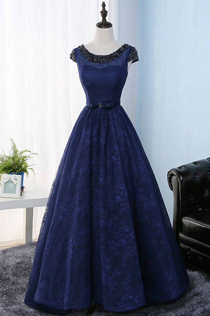 Blue Lace Round Neckline Backless Long Formal Dress, Lace Evening Dress