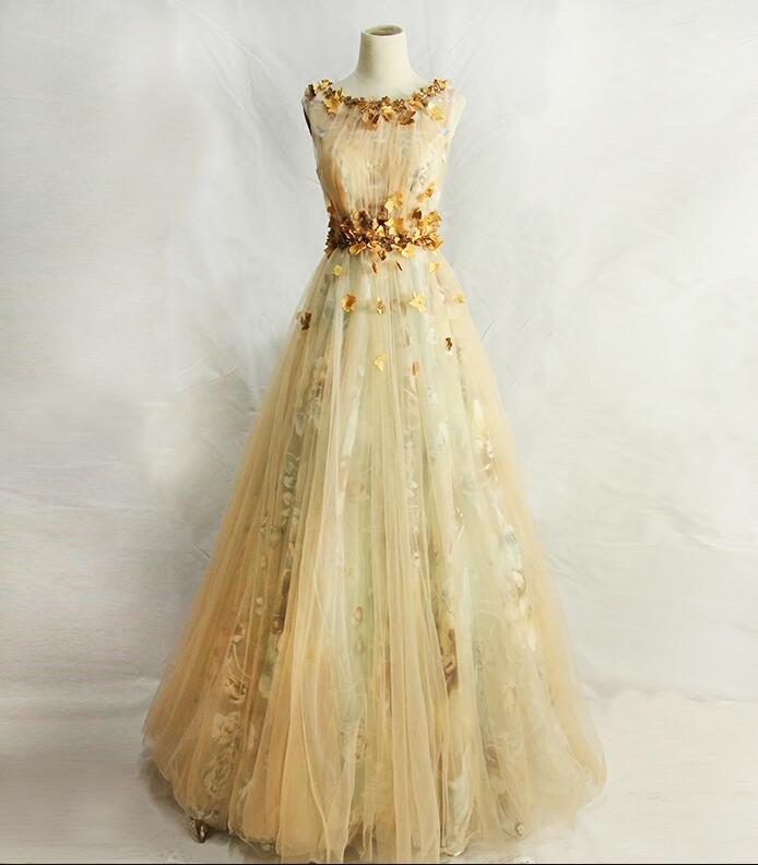 Beautiful Floral Tulle Champagne Long Party Dress, A-line Formal Gown Prom Dress