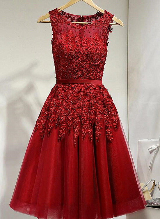 Beautiful Short Wine Red Beaded Homecoming Dress, Round Neckline