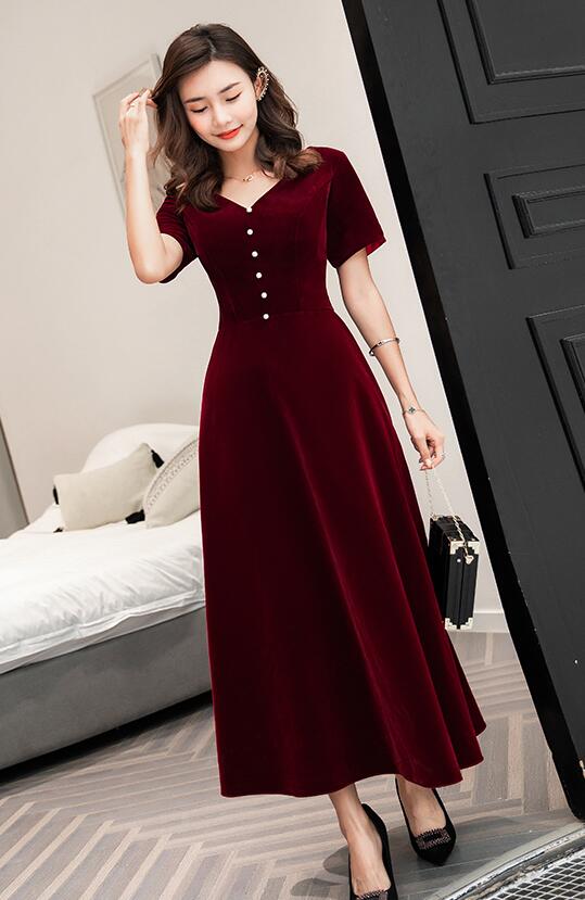 Burgundy Velvet Tea Length Bridesmaid Dress, Short Sleeves Prom Dresses