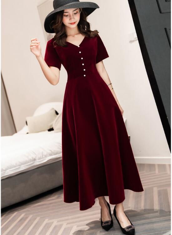 Burgundy Velvet Tea Length Bridesmaid Dress, Short Sleeves Prom Dresses ...