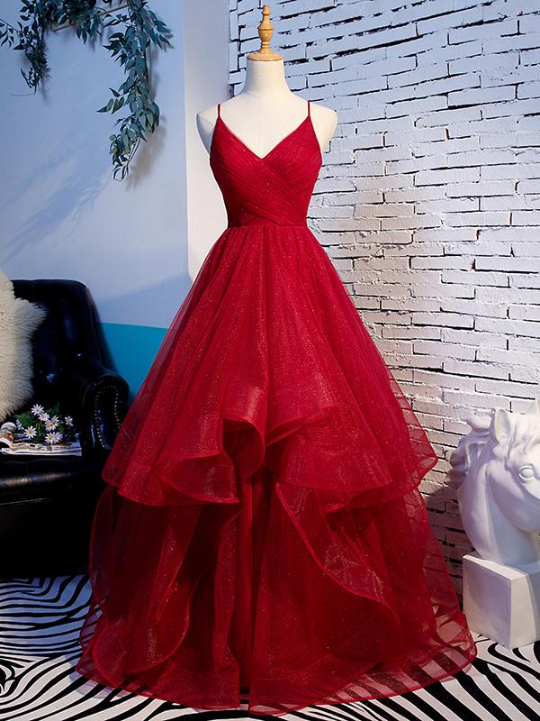 Beautiful Straps Tulle Long Wine Red Prom Dress, Party Dress Evening Dress