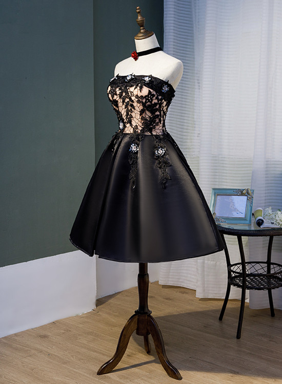 High Quality Black Satin Knee Length Homecoming Dress, Fashionable Black Prom Dress