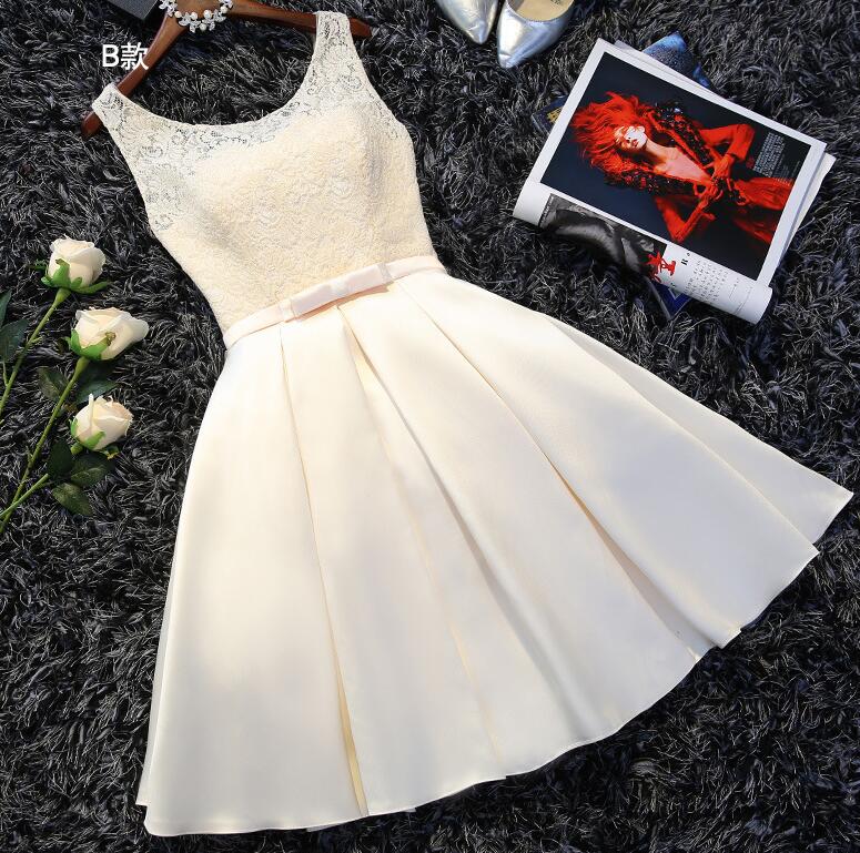 Cute Lace And Satin Knee Lneght V-neckline Prom Dress, Short Homecoming Dress