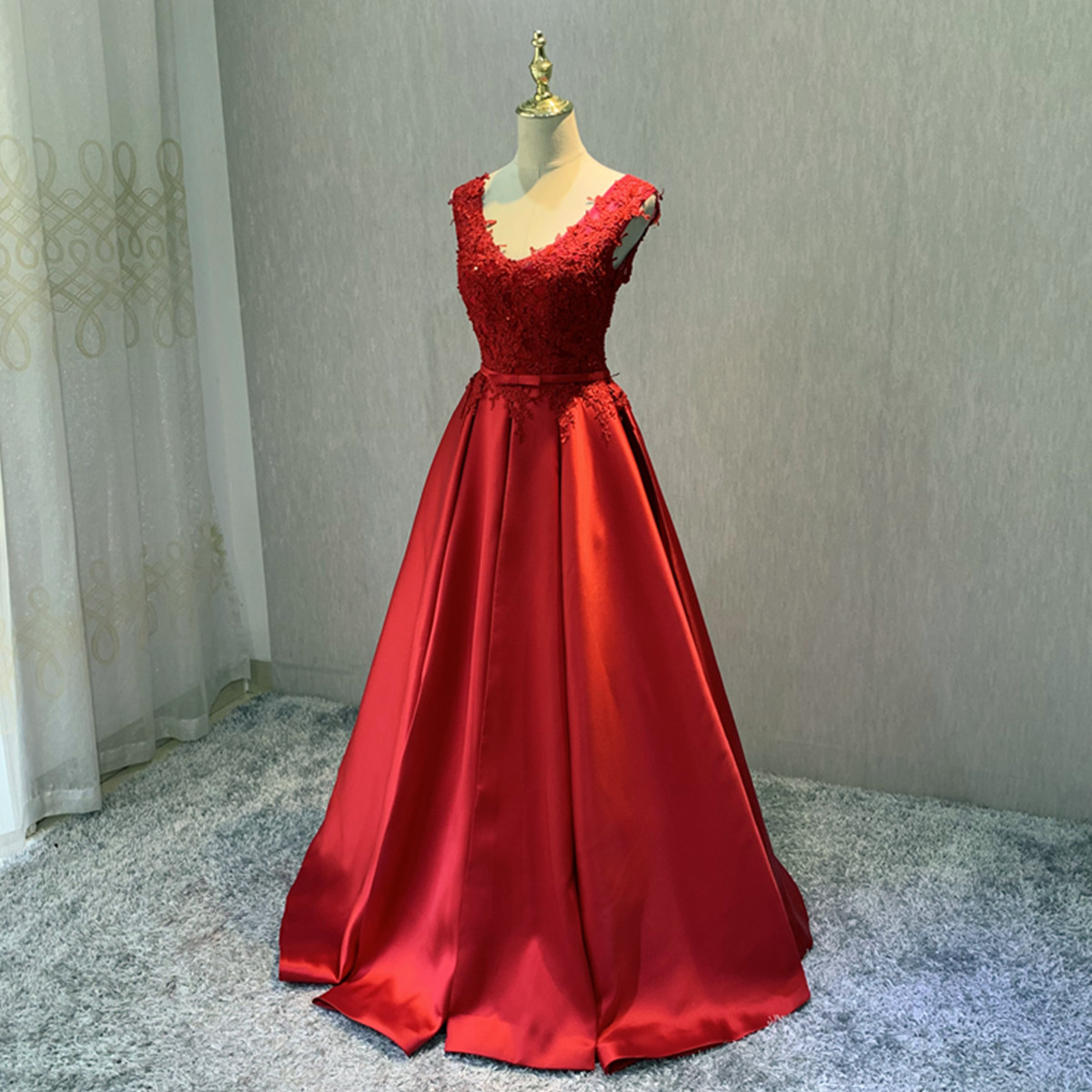 Red Satin And Lace V-neckline Long Party Dress, Red Prom Dresses 2021