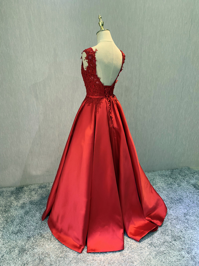 Red Satin And Lace Vneckline Long Party Dress, Red Prom Dresses 2021