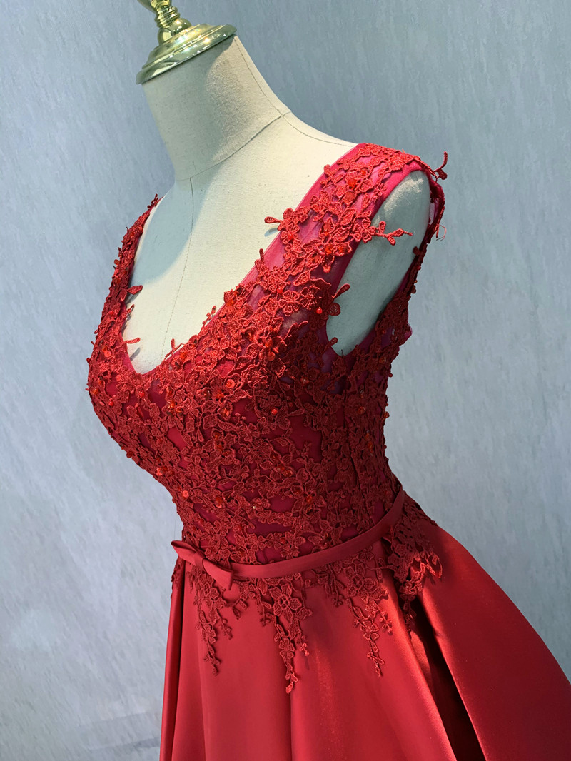Red Satin And Lace Vneckline Long Party Dress, Red Prom Dresses 2021