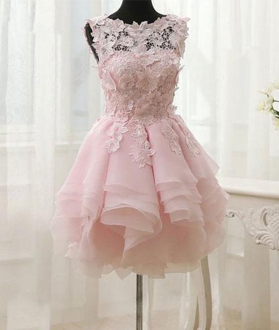 Short Pink Layers Lace Homecoming Dress, Pink Party Dress