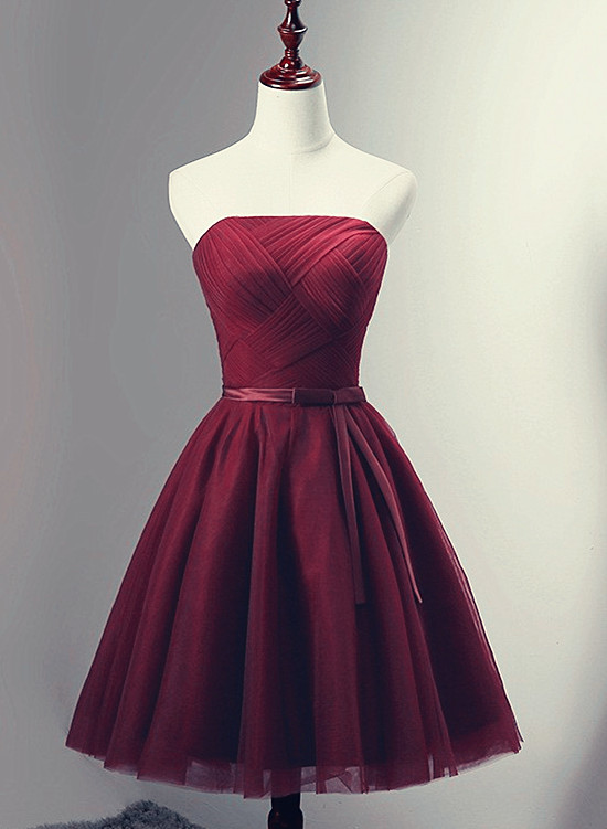 Beautiful Burgundy Knee Length Lace-up Tulle Party Dress, Homecoming Dress Short Prom Dress