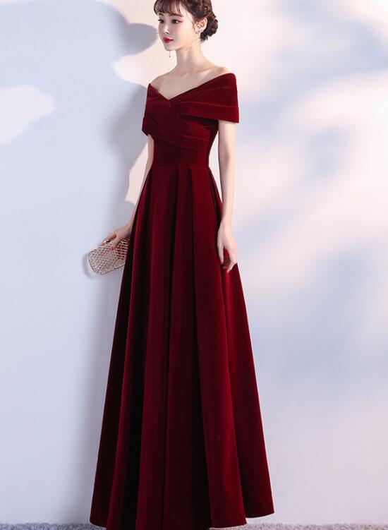 Elegant Burgundy Floor Length Lace-up Velvet Party Dress, Wine Red Bridesmaid Dress