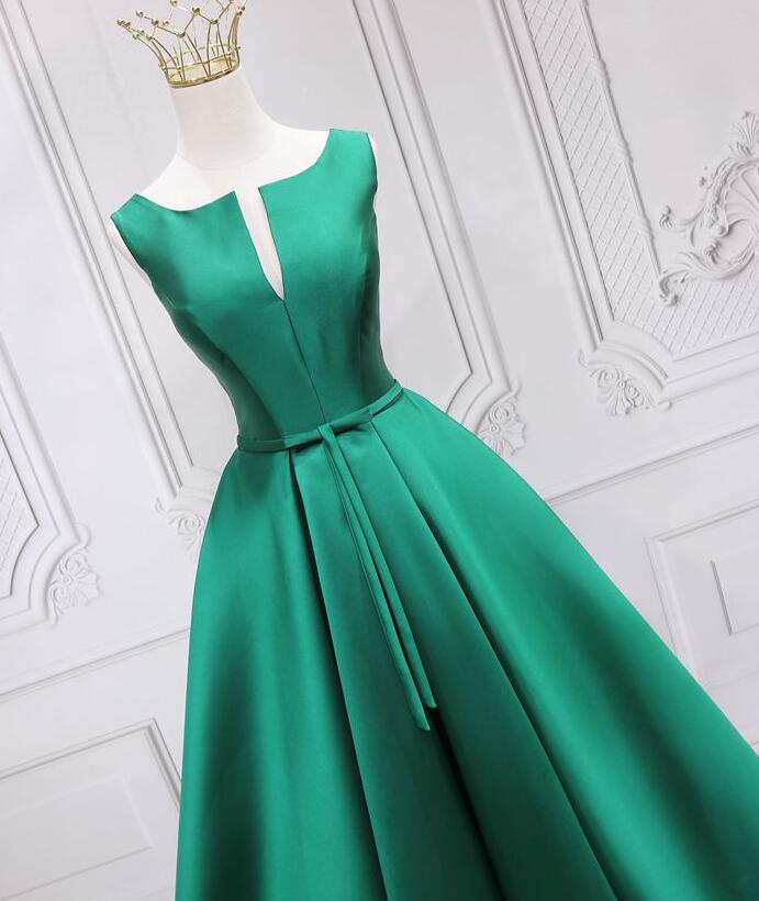 Green Satin Long Aline Prom Dress, Simple Party Dress, Green Long Prom