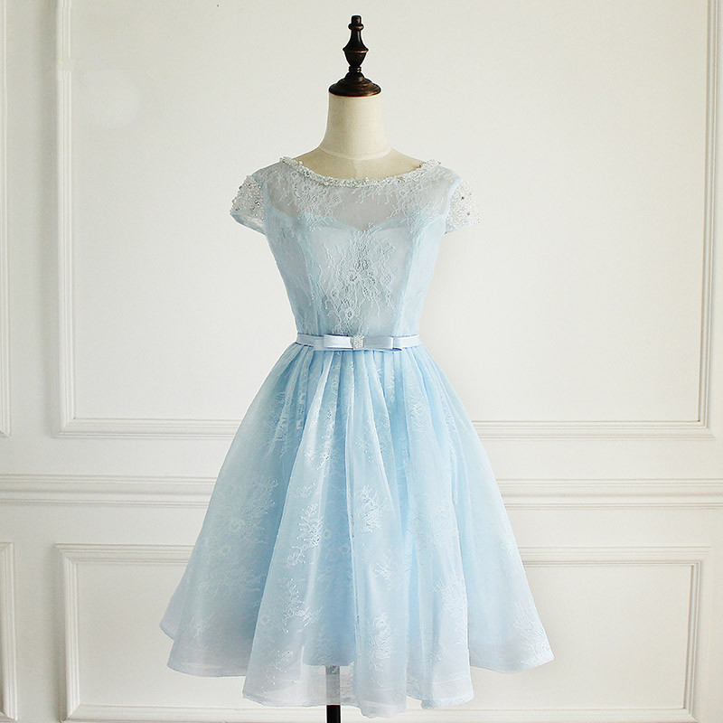 Blue Short Lace Prom Dress, Lovely Blue Knee Length Party Dress