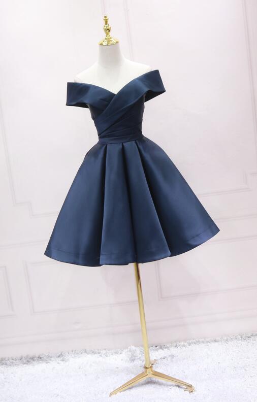 Elegant Knee Length Navy Blue Satin Knee Length Party Dress, Blue Homecoming Dress
