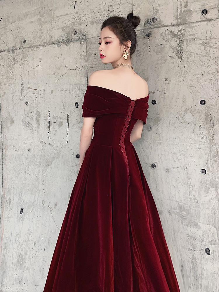 Charming A-line Floor Length Wine Red Velvet Party Dress, Long Prom ...