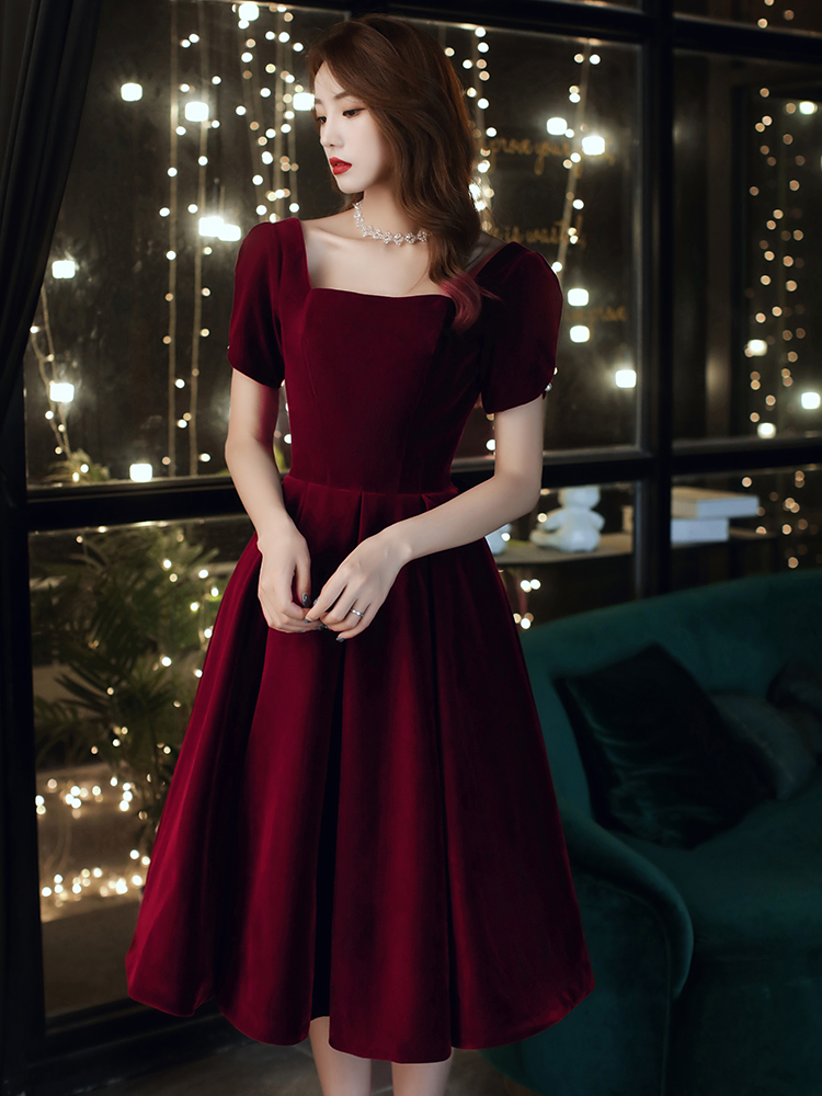 Wine Red Velvet Tea Length Short Sleeves Party Dress, Short Bridesmaid Dress