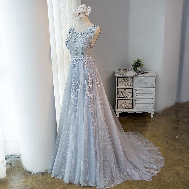 Beautiful Grey Long Tulle With Lace Bridesmaid Dress, Light Grey Prom Dress