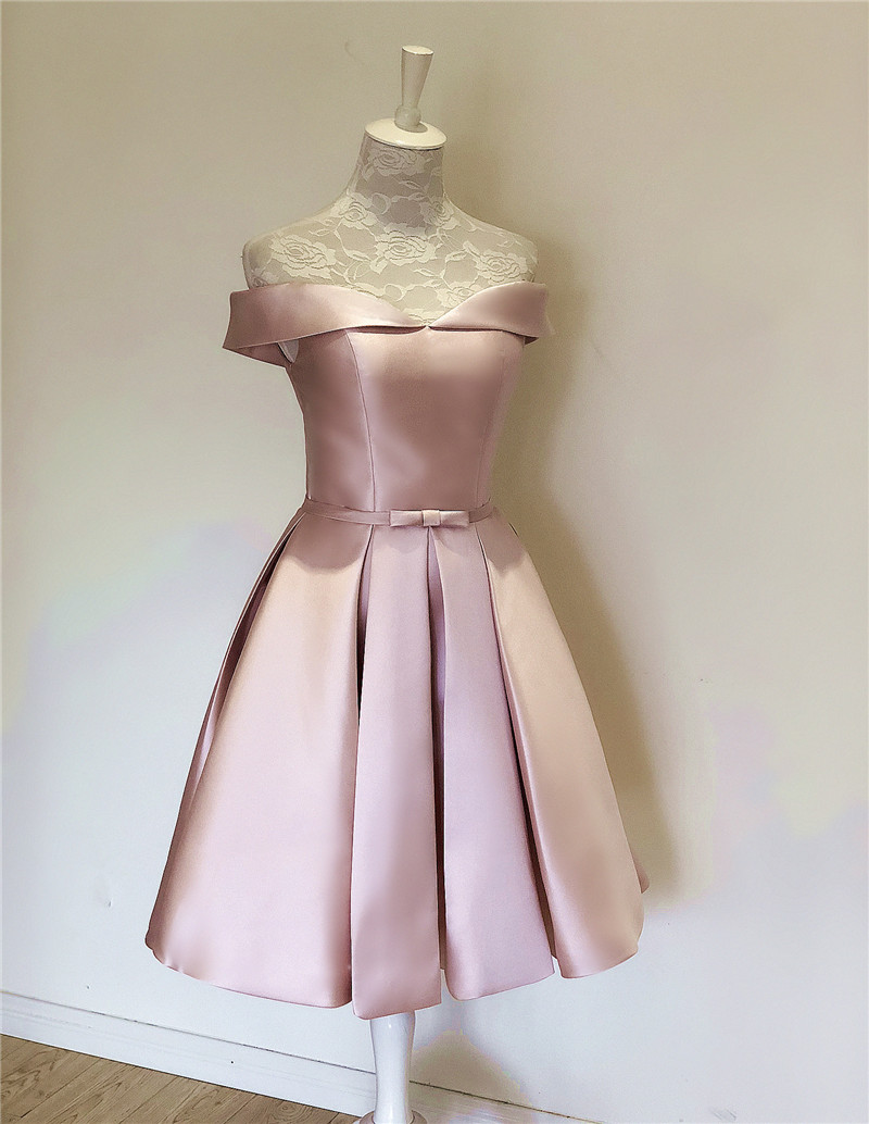 Adorable Satin Pink Off Shoulder Knee Length Prom Dress, Pink Homecoming Dress