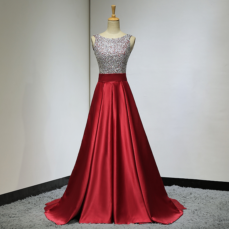 Beautiful Handmade Red Satin Long Prom Dress, A-line Sequins Evening Gown