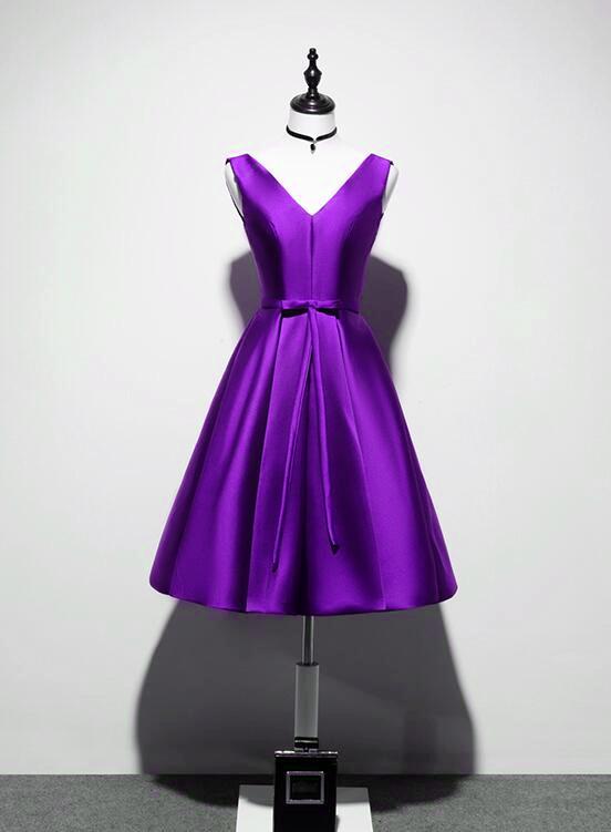 Purple Satin Cute Knee Length Party Dress, Short V-neckline Formal Dress 2021
