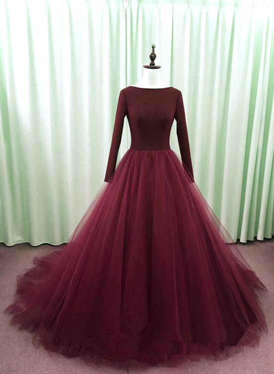 Beautiful Wine Red Tulle Long Sleeves Backless Party Dress, Wine Red Formal Gown