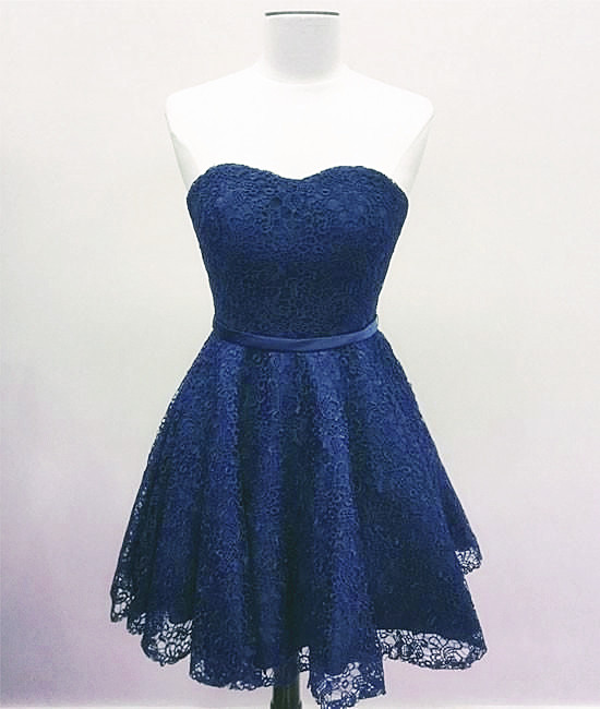Blue Lace Sweetheart Simple Knee Length Party Dress, Lace Homecoming Dress