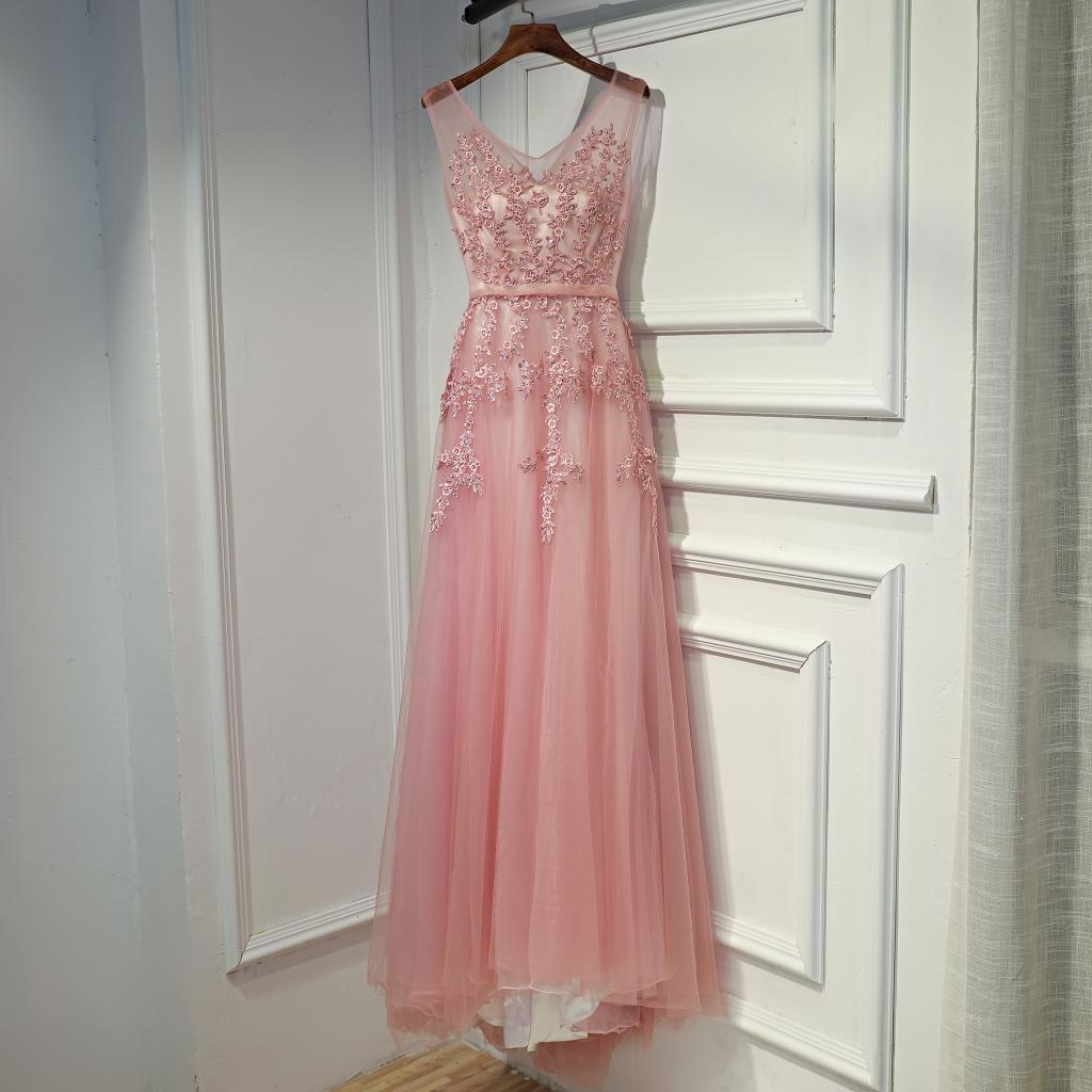 Pink Long Tulle V-neckline Party Dress, Fashionable Pink Prom Dress