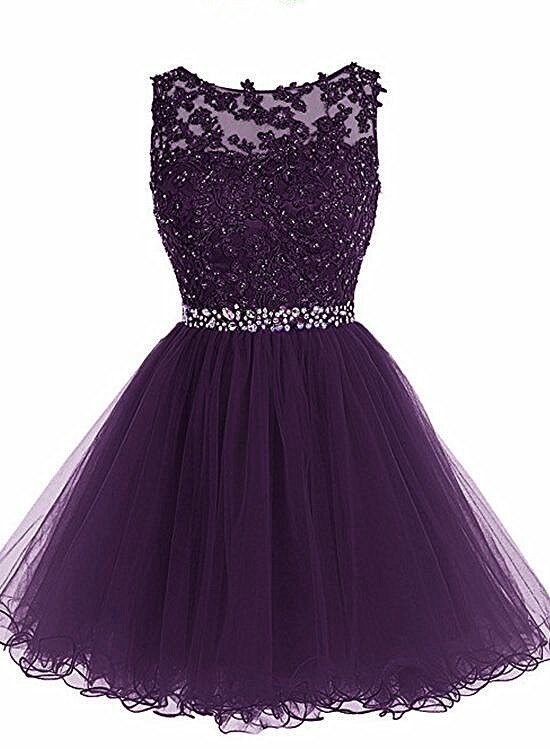 Purple Lovely Tulle Round Neckline Short Homecoming Dress, Purple Short Prom Dress