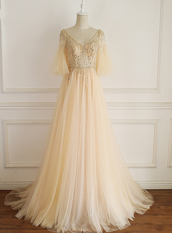Gorgeous Tulle Champagne Prom Dress with Beadings, A-line Long Formal Gown