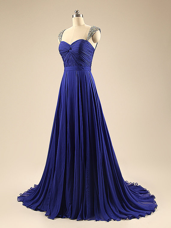 Beautiful Blue Straps Beaded Sweetheart Chiffon Prom Dress, Blue Wedding Party Dress