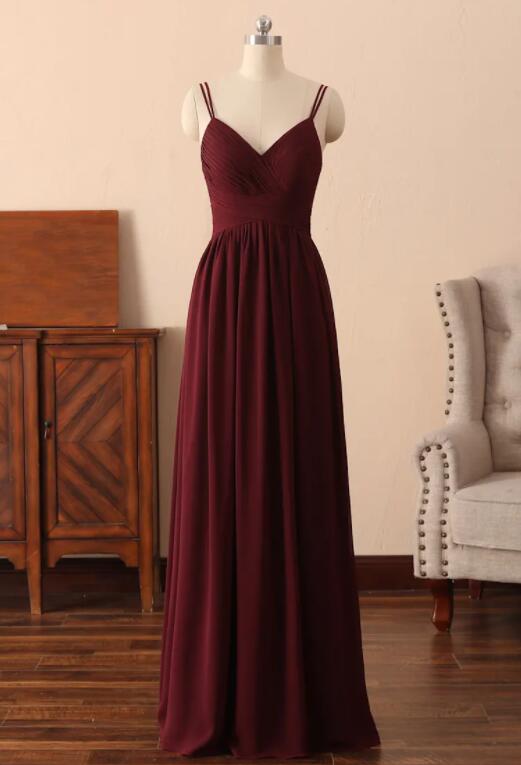 Wine Red Chiffon Straps Long V-neckline Prom Dress, Simple Dark Red Bridesmaid Dress