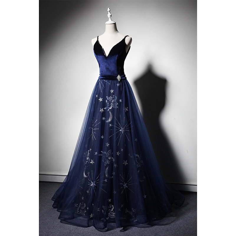 light blue pregnancy dress Straps Navy Blue Floor Lenght Bridesmaid Dress – FancyVestido main image 1