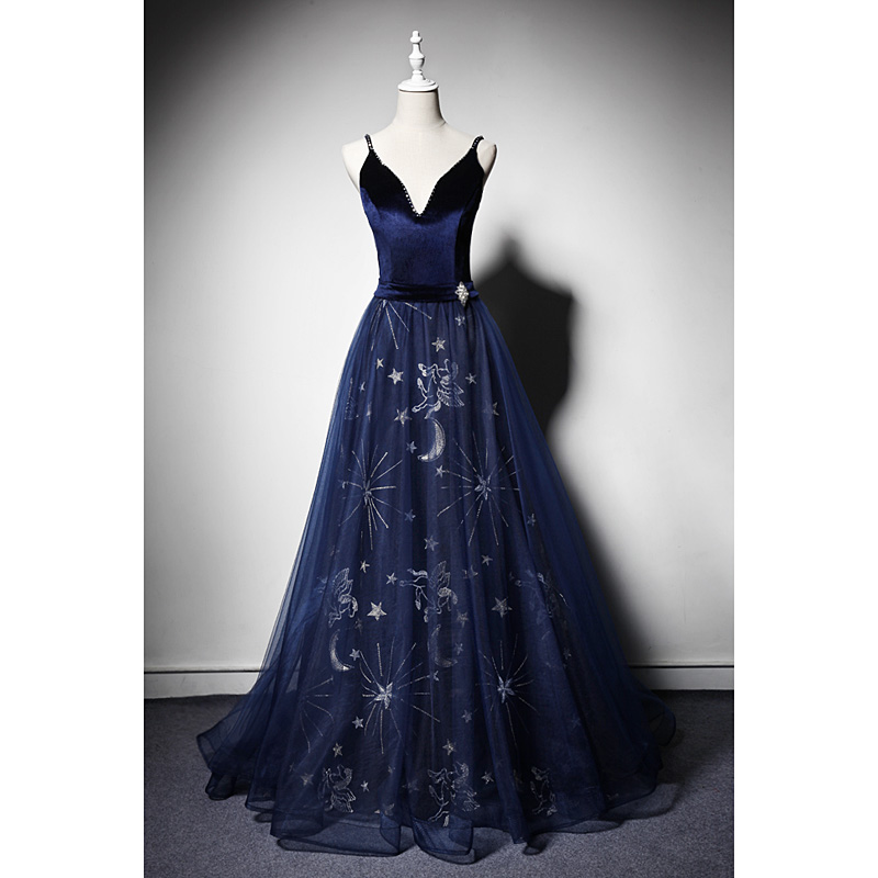 Beautiful Navy Blue Straps Velvet And Tulle Long Evening Dress, Blue Prom Dress 2021