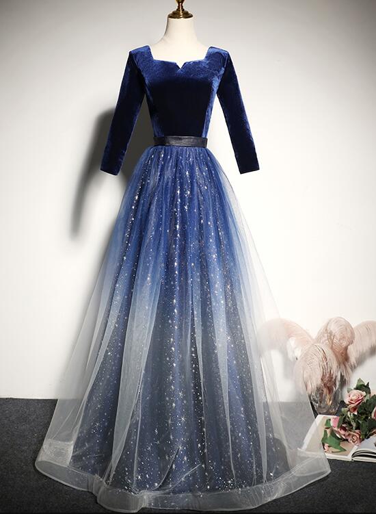 Fashionable Blue A-line Long Sleeves Bridesmaid Dress, Blue Prom Dress