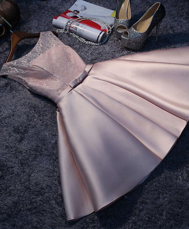 Cute Short Pink Lace And Satin Prom Dresses, Pink Homecoming Dress Party Dress