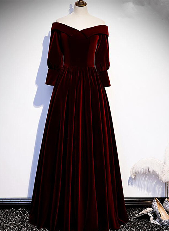 Beautiful Burgundy Velvet Floor Length Party Dress, Off Shoulder Bridesmaid Dress