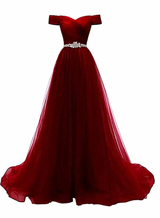 Beautiful Burgundy Sweetheart Long Prom Dress, A-line Off Shoulder Evening Dress