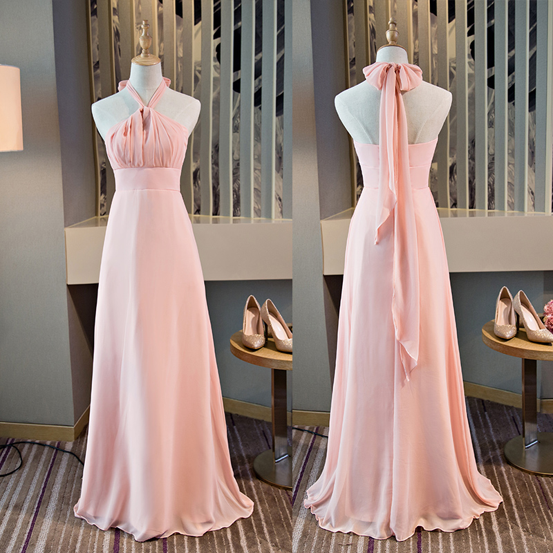 Pink Halter Chiffon A-line Party Dress, Pink Bridesmaid Dress Formal Dress