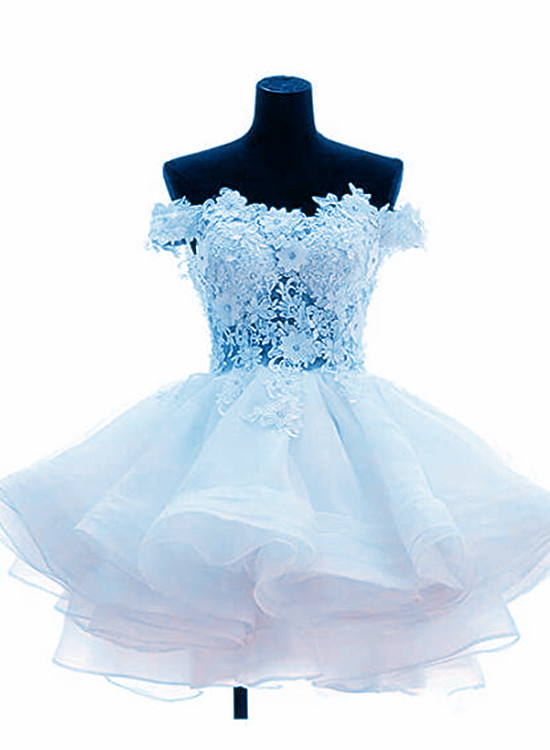 Light Blue Lace Applique Off Shoulder Party Dress, Short Prom Dress Homecoming Dress