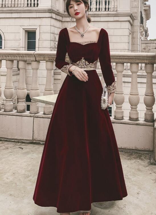 Charming Velvet A-line Long Wedding Party Dress, Long Sleeves Formal Dress  on Luulla