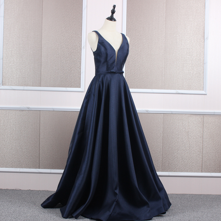 V-neckline Navy Blue Satin Floor Length Junior Prom Dress, Blue Party Dress