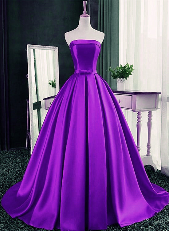 Glam Purple Floor Length Satin Long Junior Prom Dress, Purple Formal Dress