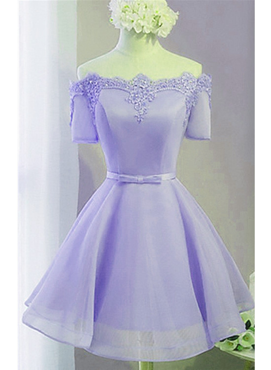 Lovely Light Purple Short Sleeves Tulle Prom Dress With Lace Applique, Homecoming Dress