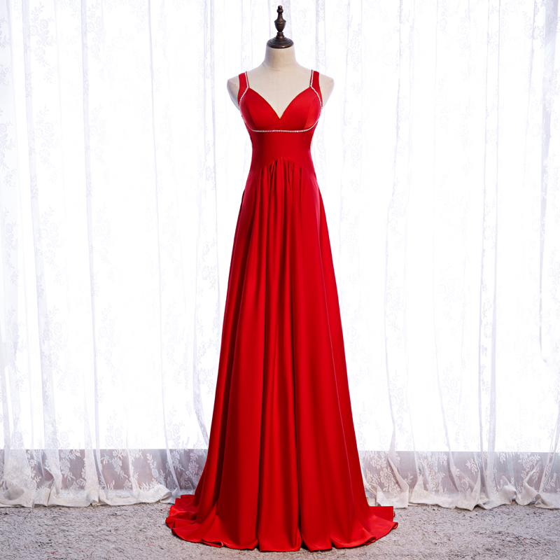 Red Satin Long Sexy Backless Long Straps Formal Dress, Red Prom Dress 2021