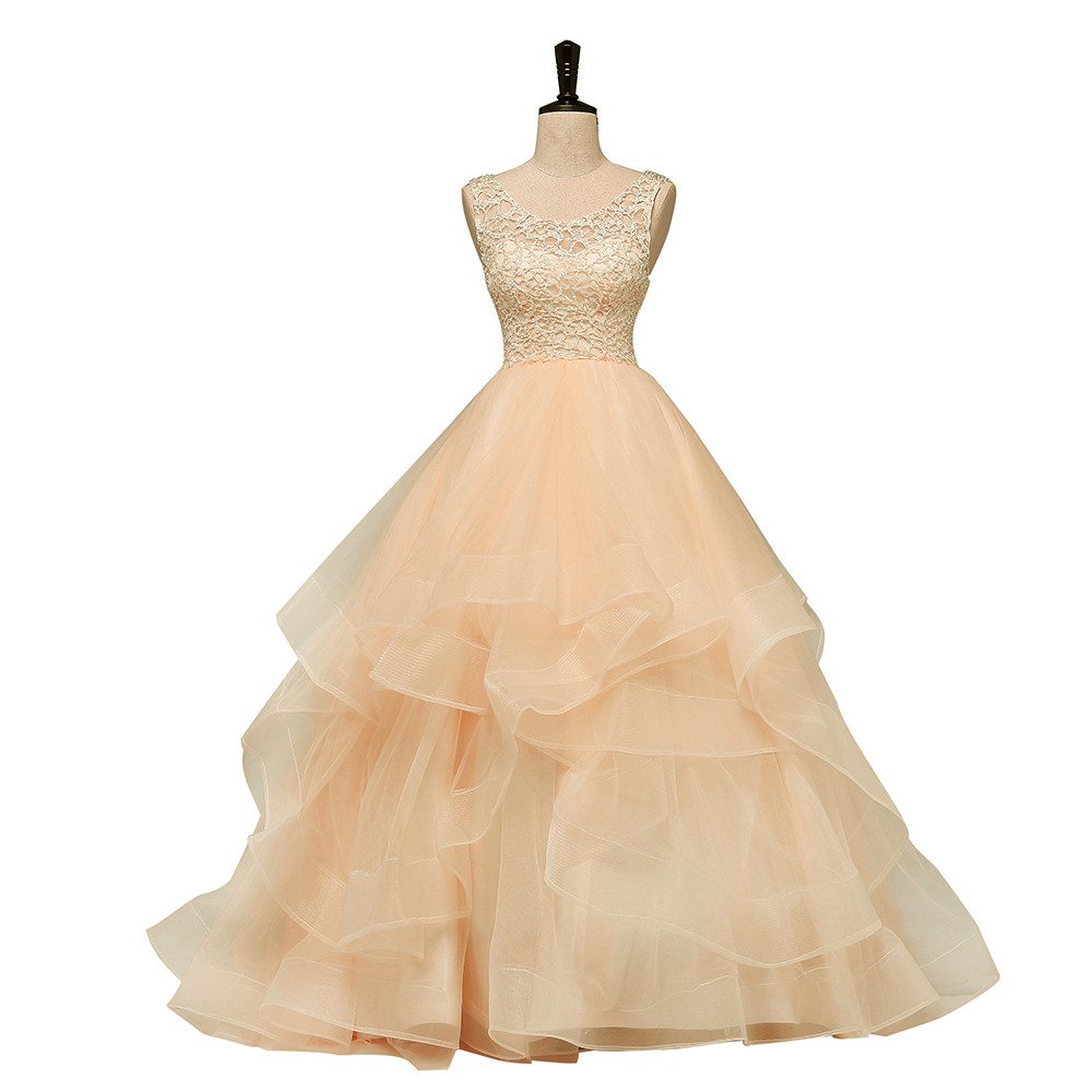 Lovely Light Champagne Lace And Tulle Long Formal Dress, Layers Sweet 16 Dress